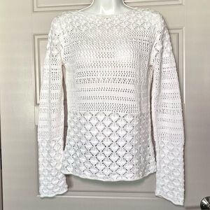 Women's White Crochet Knit Long-Sleeve Top